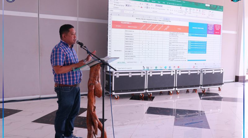 Local School Board Secretary Mr. Jerome Mundo sa iyang pag-presentar sa mga natigom nga mga project request sa nagkadaiyang tunghaan sa gipahigayong mga consultative meetings sa milabayng tuig 2022.